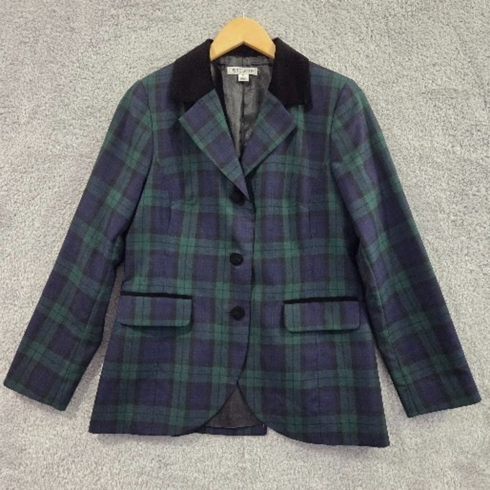 Pendleton Blazer Women's 10 Black Watch Plaid Virgin Wool Velvet Collar Vintage